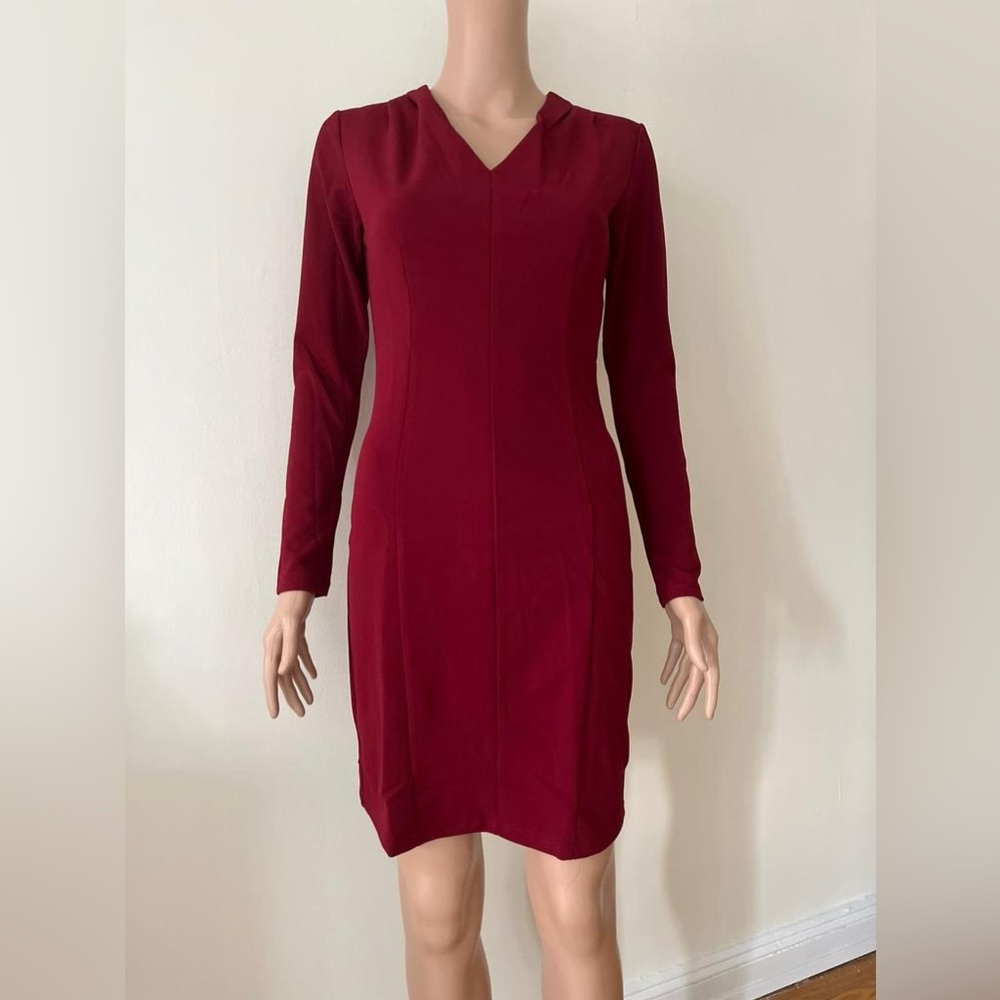 New Solid Red Elegant Long Sleeve V Neck Office Cocktail Party Dress, Small